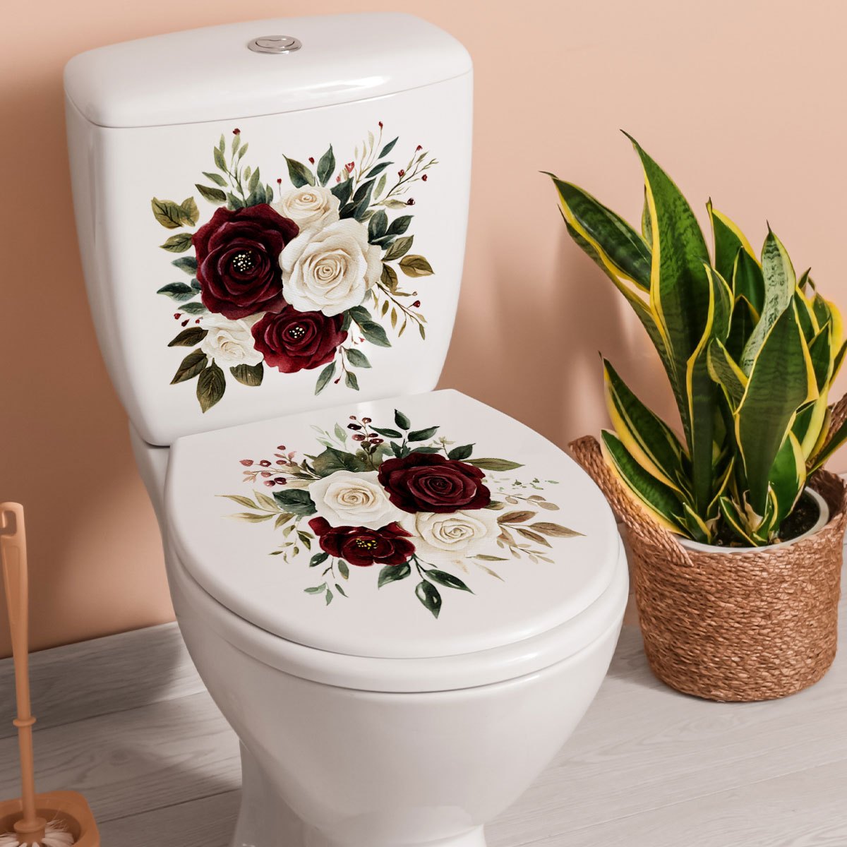 TEMU Removable Rose Flower Toilet Stickers - Burgundy-beige--brown-white-green-black-golden- Foliage Bathroom Decals, Matte Plastic Film For, Shower,
