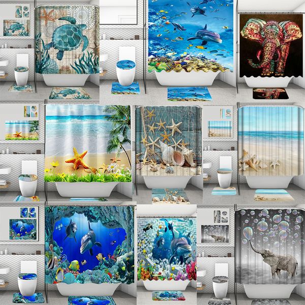 4Pcs-Set Bathroom Shower Curtain Toilet Mat Ocean Beach Starfish Shell Dolphin Sea Turtle Printed Waterproof Washroom Bath Mats Curtains wit
