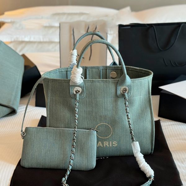 Womens Green Denim Beach Shopping Shoulder Bags Deauville Clutch With Chain Silver Metal Hardware Crossbody Handbags Large Capacity Trvel Lu