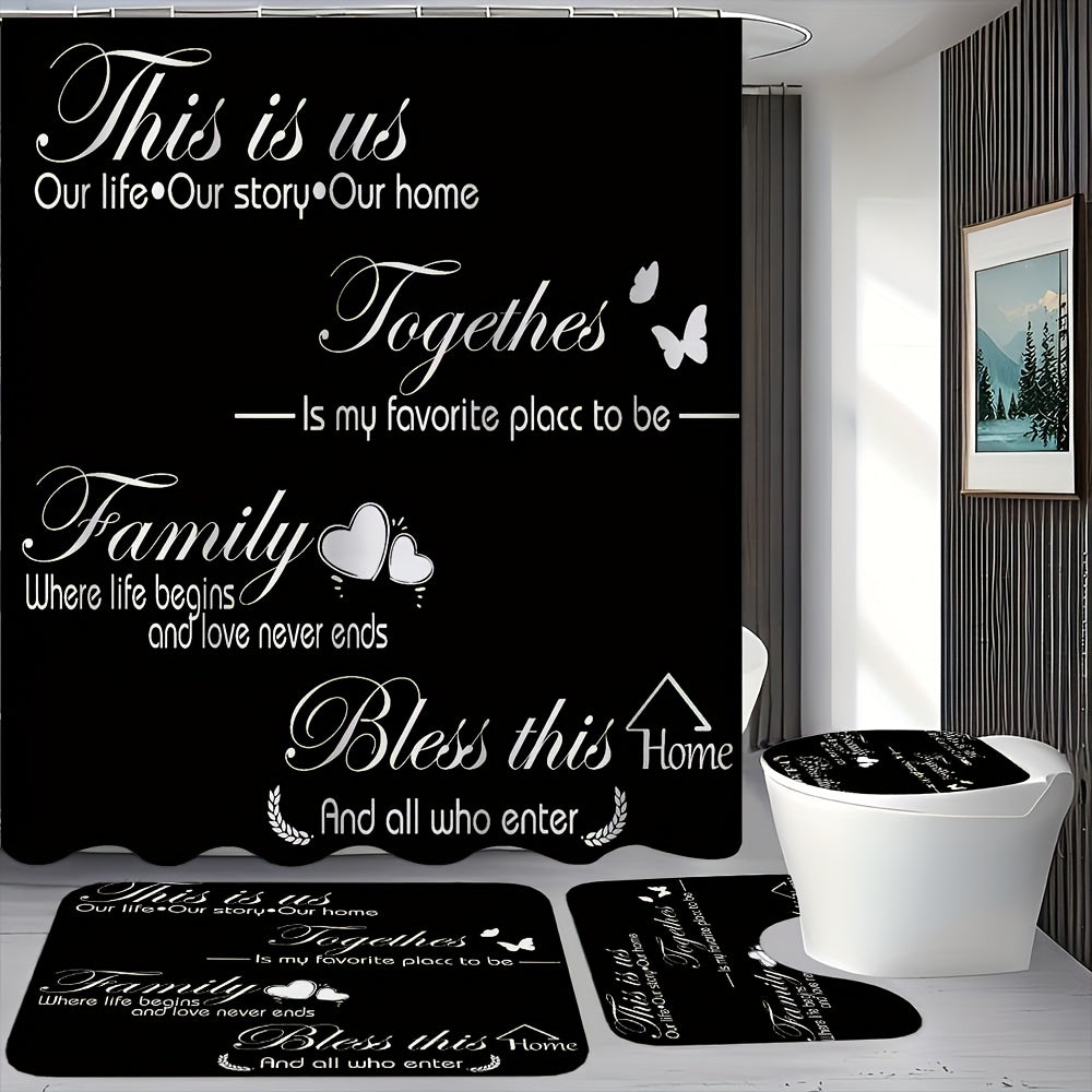 TEMU 1-4pcs : A 4pcs Set Of Patterned Shower Curtains, Including Waterproof Shower Curtains, Non Slip Floor Mats, Toilet Seat Covers, And U-shaped