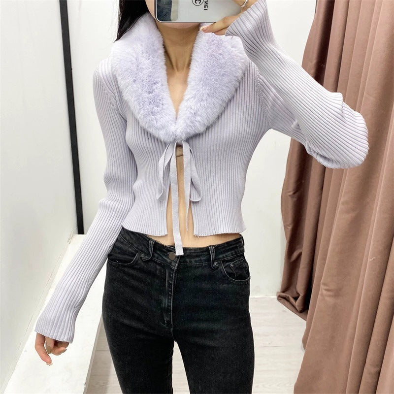 Women Sweet Fur Collar Splicing Knitting Sweater Female Lace Long Sleeve Cardigan Chic Top 210812