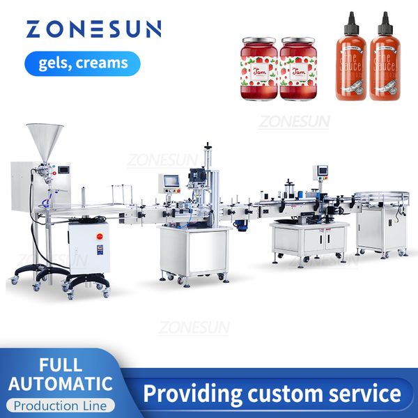 ZONESUN Automated Production Line for Gel Chili Sauce Screw Cap Round Bottle Jar Filling Capping Labeling Unscrabler Machine ZS-FAL18X9