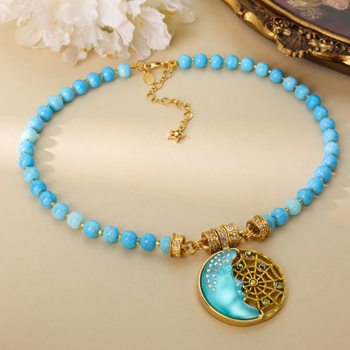 TEMU Elegant Vintage-inspired Moon Design Necklace - Luxurious Blue And White Beaded Chain With Golden-tone Pendant, Accents, And Detailed Lunar