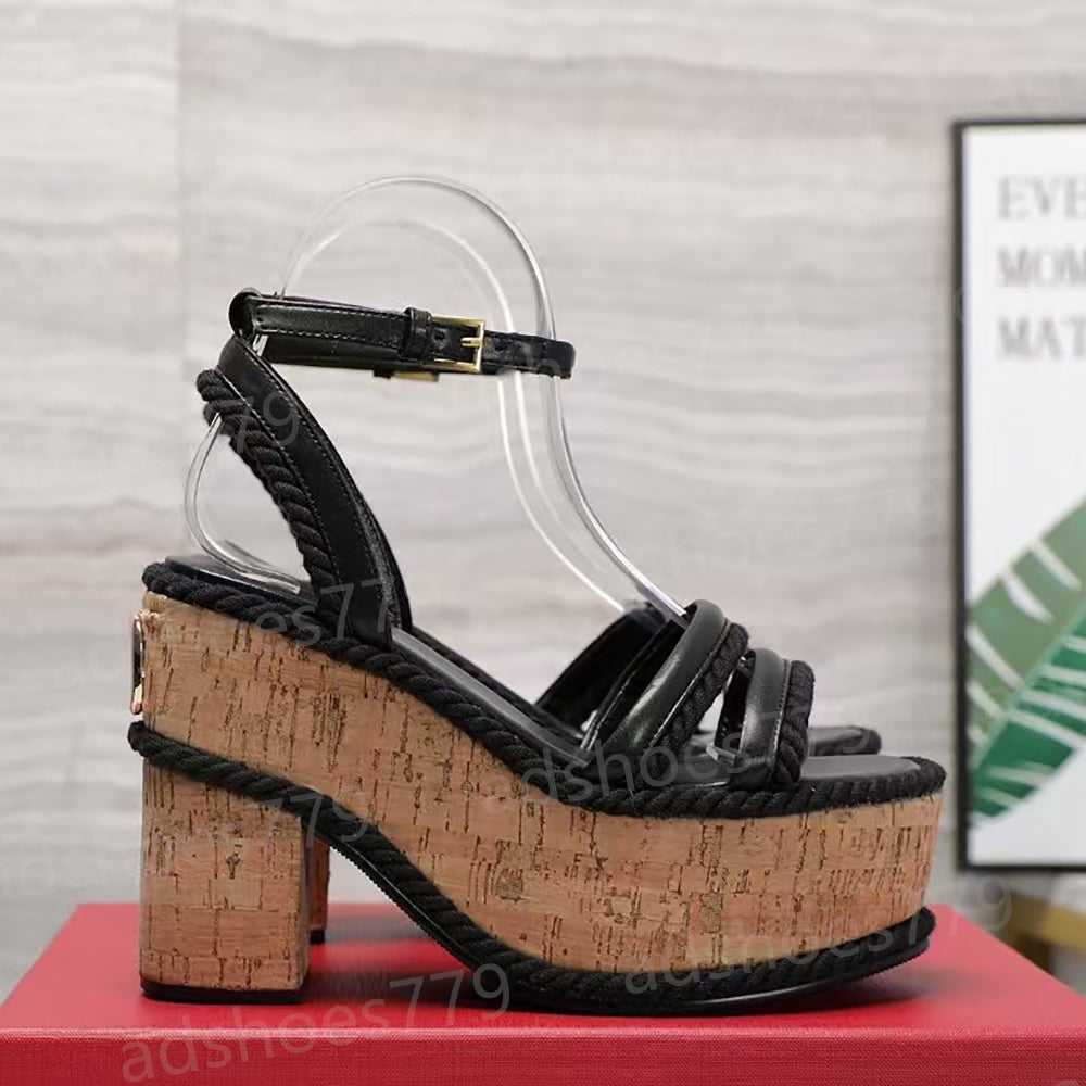 Womens Chunky Heel platform designers Sandals Top quality Hemp rope decoration weave narrow band Classics buckle Ankle Strap11.5 CM high Heeled Sand