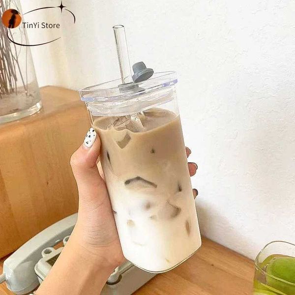 Square Heat Resistant Transparent Tulip Glass Cup with Lip and Straw Milk Tea Coffee Cup Mugs Home Bar Drinkware Couple Gifts Y240813