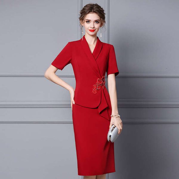 Suit Collar Dress Summer 2024 New High-end Style Embroidered Bead Wine Red Wrap Skirt for Children Temperament High Waist Dress BOHO DRESS