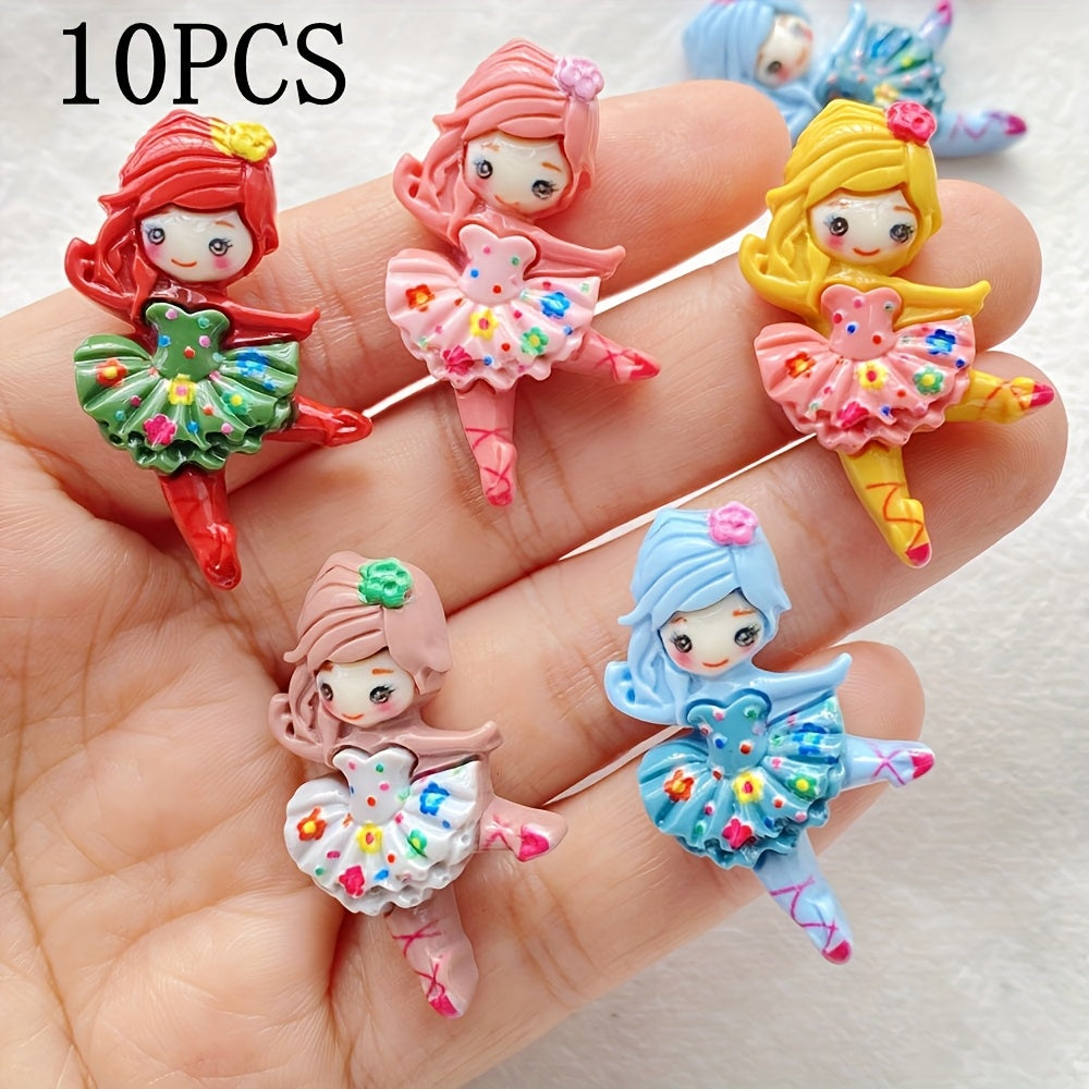 TEMU 10pcs Mixed Resin Cute Ballet Girl Charms - Cartoon Fairy Princess Figurines With Colorful Dresses & Buns, Diy Crafts, Scrapbooking, And Home