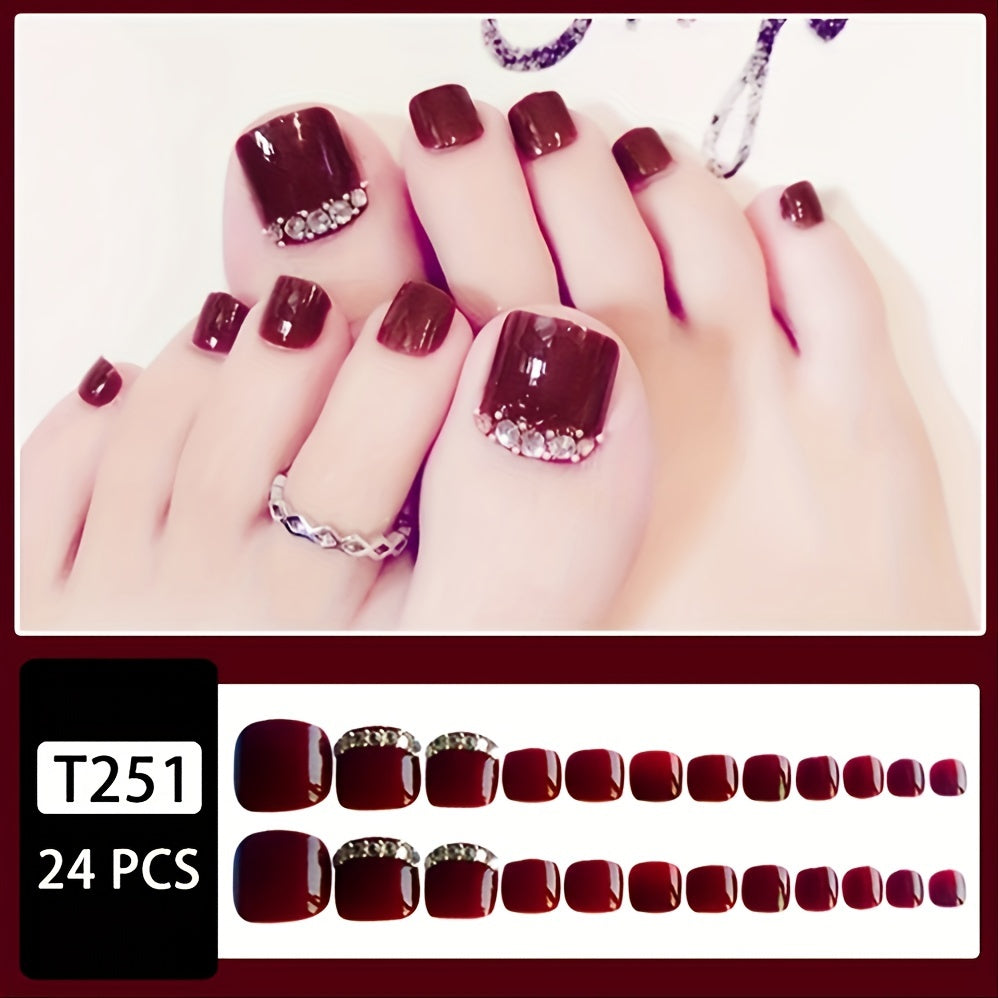TEMU 24 Pcs Press-on Square Short False Toenails – Elegant Glossy Finish With Glitter Rhinestones, Fashionable Easy-to-apply Nail Set For Women And