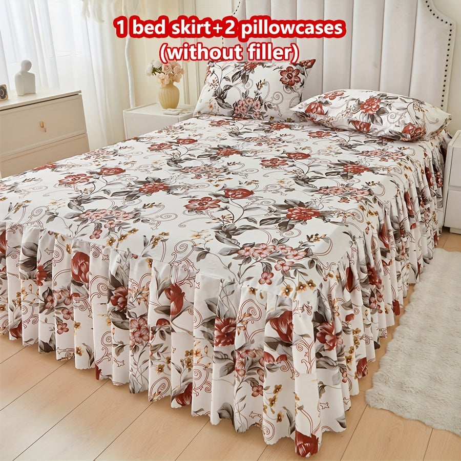 TEMU 3pcs Vibrant Floral & Leaf Print Bed Skirt Set - Includes 1 Skirt + 2 Pillowcases (no Inserts), Soft & Comfortable, Tie- With Ruffle Detail,