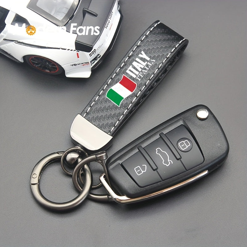 TEMU Italian Flag Inspired Key Pendant, Stylish And Durable Carbon Fiber Texture Car And Motorcycle Key Ring, With 360° Rotatable Metal Horseshoe