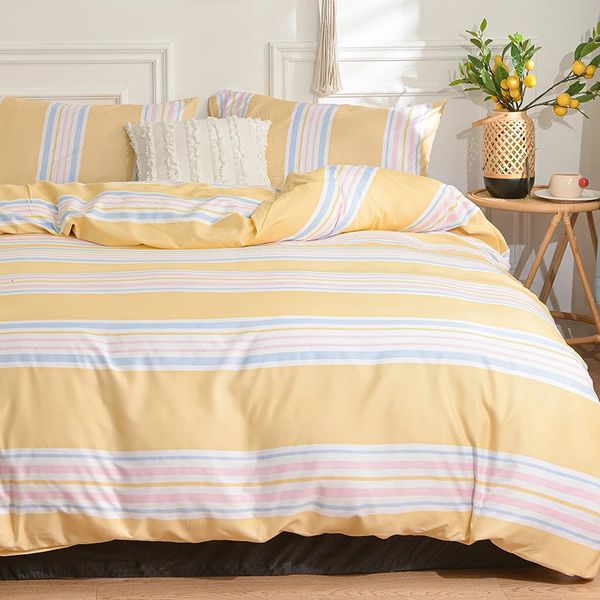 Queen Quilt Sets Yellow Striped Duvet with Pillowcase cobertor 2 plazas cama King Size dekbedovertrek 240x220 Cover 240704