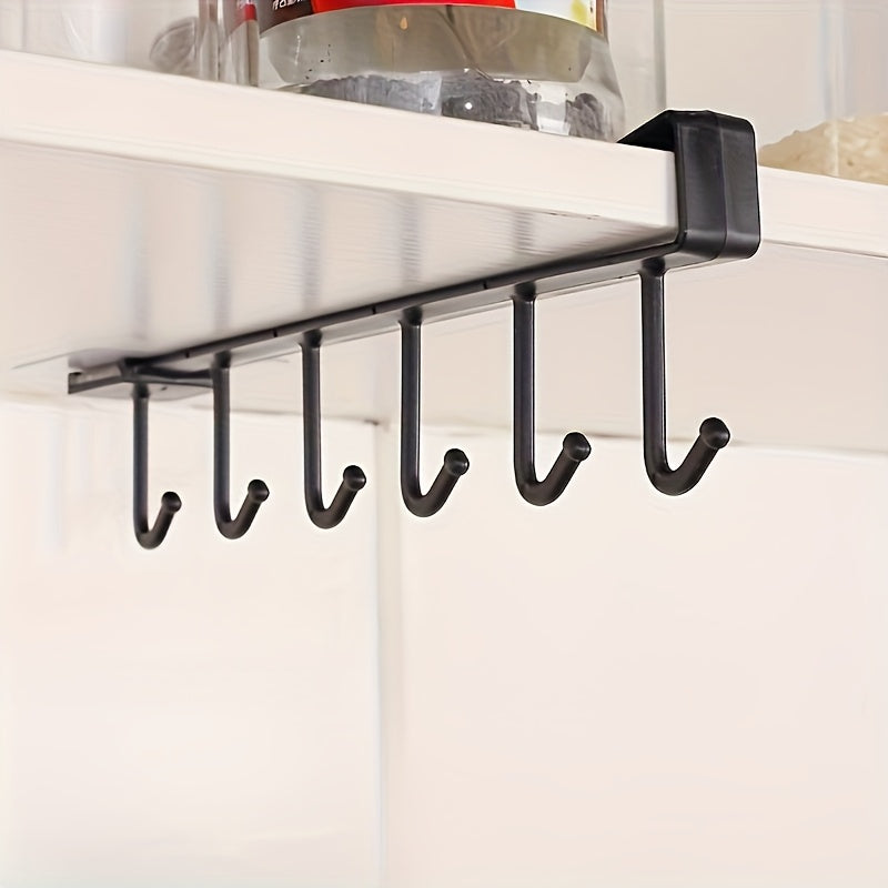 TEMU 6-hook Multifunctional Kitchen Storage Rack - Wall-mounted, Non-slip, Stylish Plastic Cup & Utensil Holder With Glass Hanging Option,