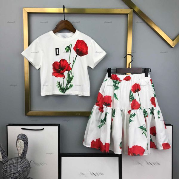 Luxury girl Tracksuits designer KIds Clothes Baby Dress Suits Size 90-150 CM 2pcs Flower printed T-shirt and Splicing design pleated skirt