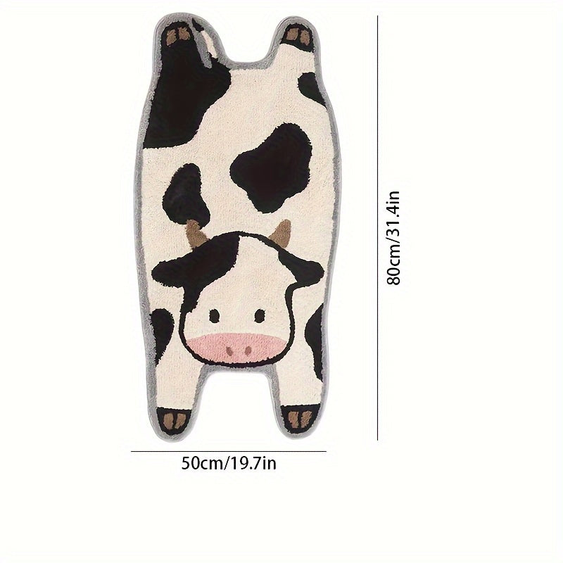 TEMU Soft Cow Pattern Floor Mat - Water Absorbent, Non-slip, Machine Washable For Bedroom, Living Room, Bathroom, And Entryway - Black & With Cute
