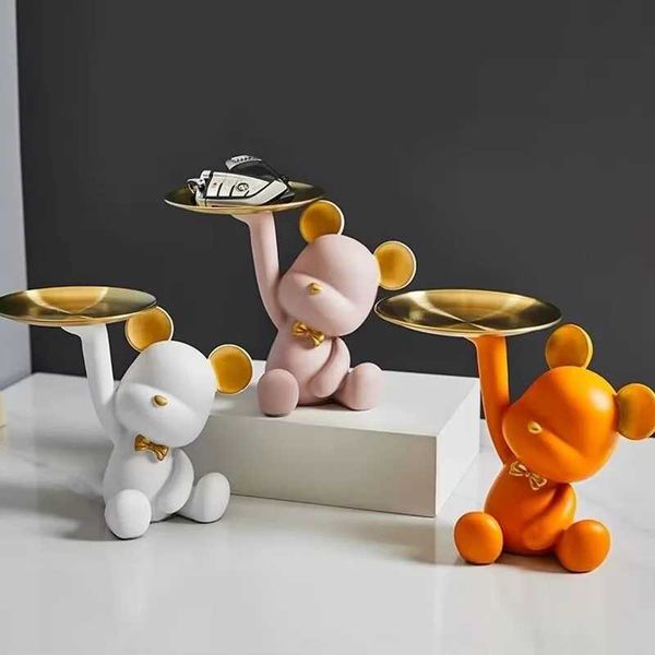 Decorative Objects Figurines Creative Nordic Resin Bear Storage Tray Figurines Ornaments Living Room Porch Desk Decoration Keys Candy Storag