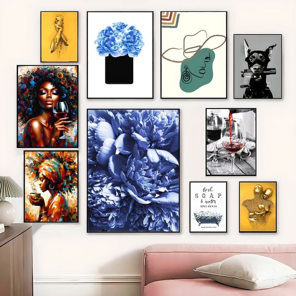 3 pieces Wooden Framed Canvas Poster navy eucalyptus, blue farmhouse decor, vase, modern minimalist art, Creative Waterproof Canvas Posters