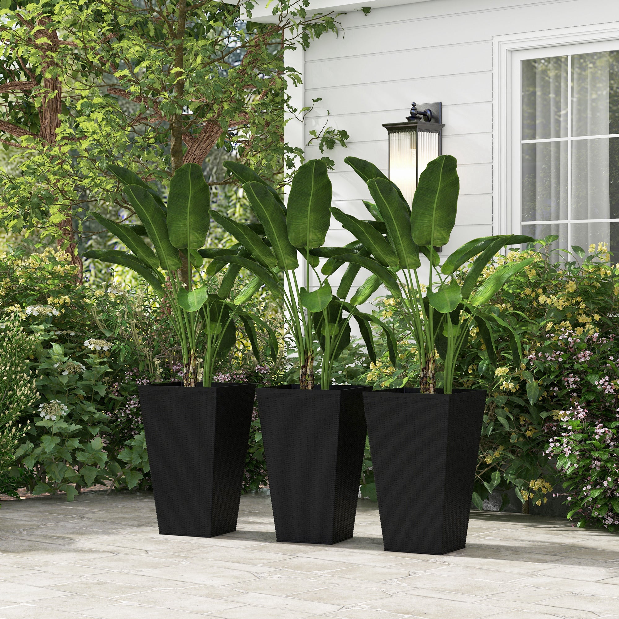 TEMU Outsunny Set Of 3 Tall Planters With Drainage Hole, 24" Outdoor Flower Plant Pots, Indoor Planters For Porch, Front Door, Entryway, Patio And