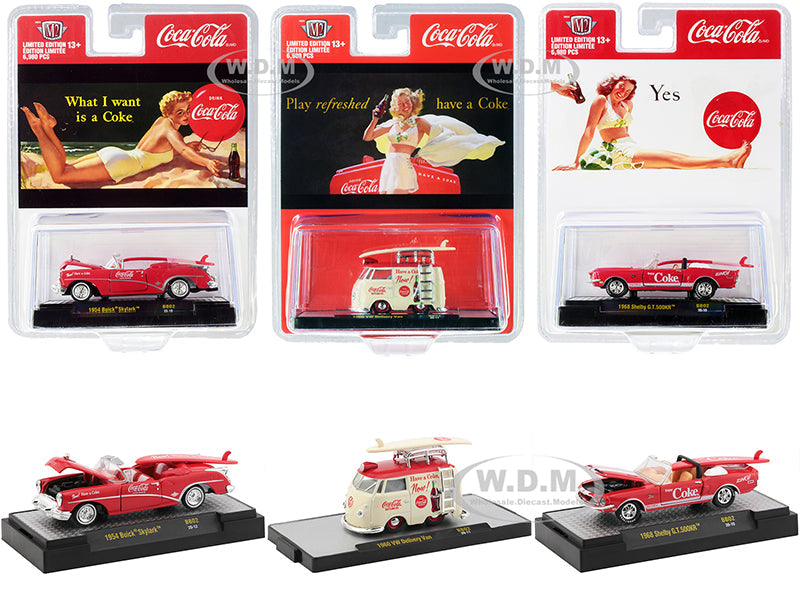 "Coca-Cola Bathing Beauties" Set of 3 Cars with Surfboards Release 2 Limited Edition to 6980 pieces Worldwide 164 Diecast Model Cars by M2 Machines