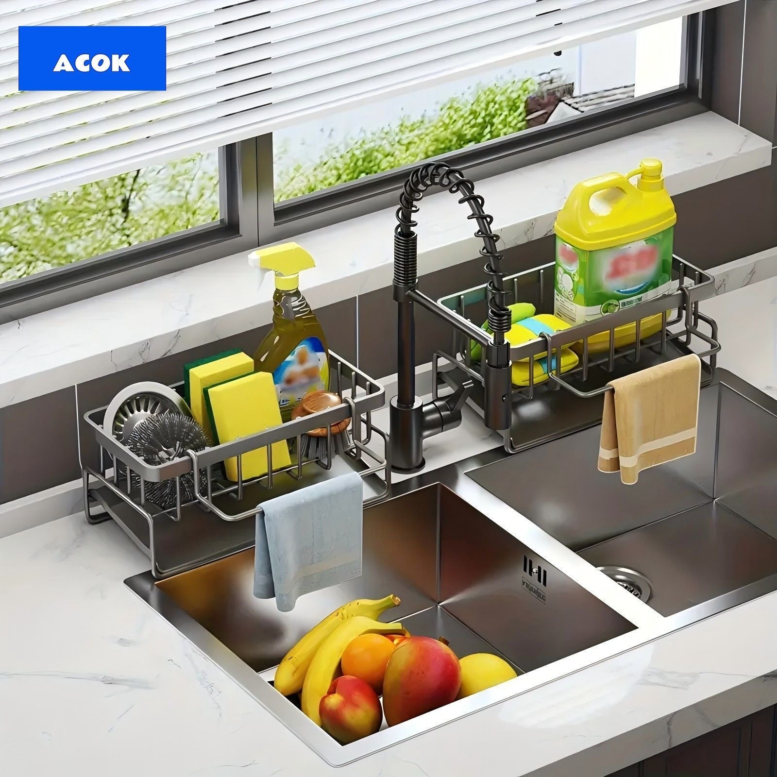 TEMU Kitchen Sink Sponge Holder, Self-draining Kitchen Sink Organizer, Sink Holder With Detachable Brush Holder, Dish Soap Scrub Accessories For