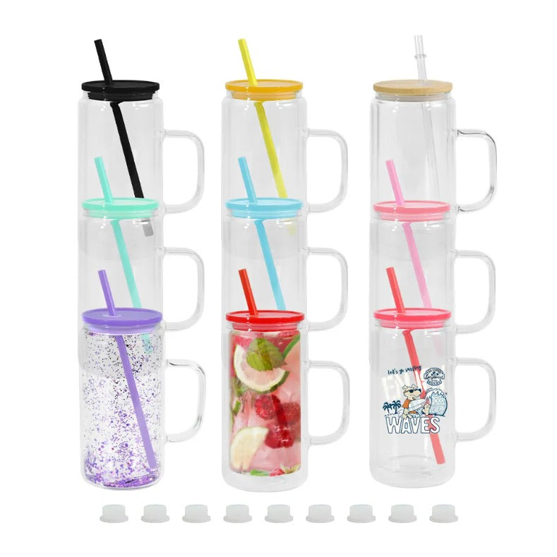 UPS 12oz snow globe sublimation glass mug tumbler with handle colored plastic lid blank sub car cup 650ml glass tea coffee beer mug drinking tumbler