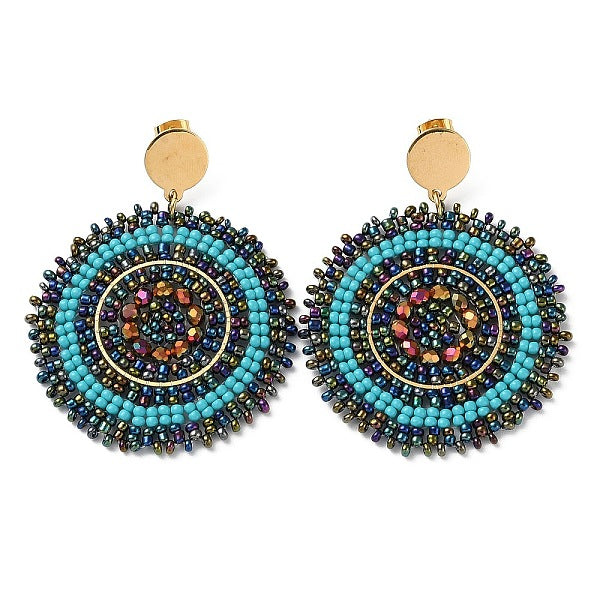 Boucles d'oreilles pendantes rondes et plates en perles de verre tissées