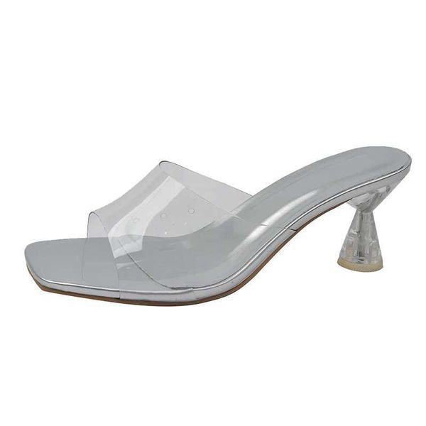 Dress Shoes Transparent PVC sliders slippers wedge-shaped sandals silver sleep square toe and flared heel metallic womens shoes H240527 UIEO