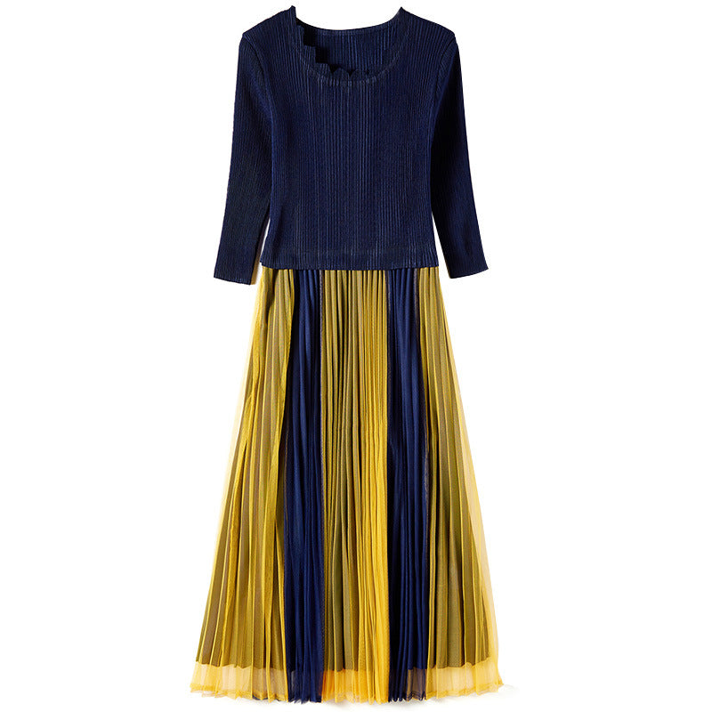 (152) Slim fit dress summer dress for women with lotus leaf collar, mesh pleated skirt, knee-length skirt