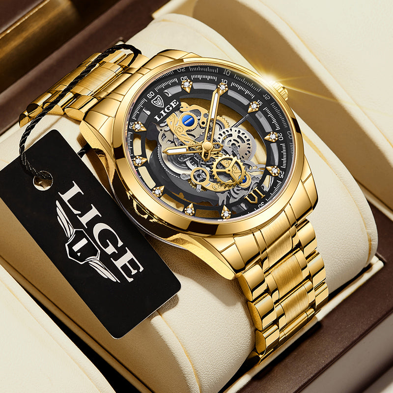 LIGE New Men Watch Skeleton Quartz Wristwatch Gold Skeleton Retro Man Watch Top Brand Luxury Clock Mens Watches Reloj