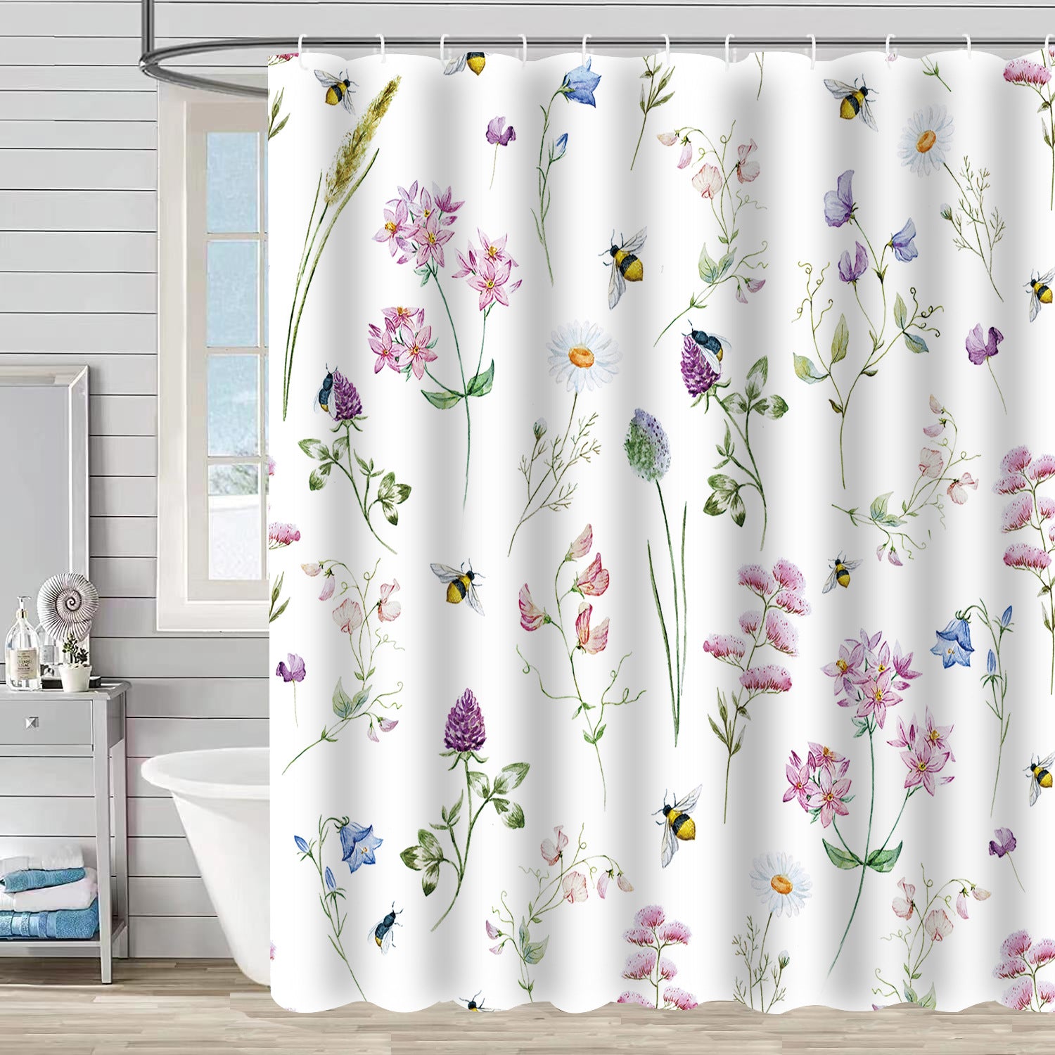 YL-37243 Waterproof Shower Curtain Hot Sale 3D Printed Tropical Jungle Plant Leaves and Flowers Season Polyester Shower Curtain with Hook