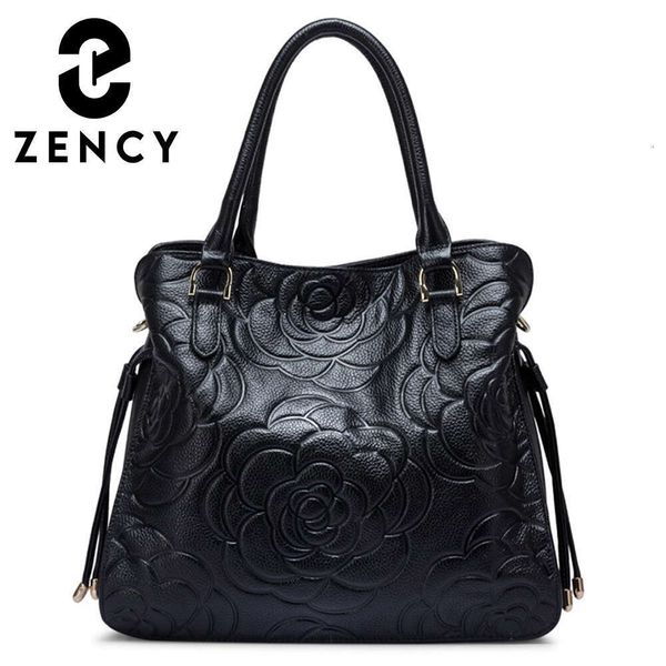 Zency Large Designer Bag For Women Genuine Leather Eme Rose Decorate Crossbody Cowhide Tote Shopper Handbag