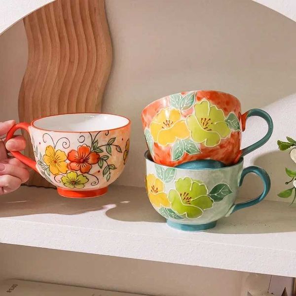 500ML Hand-painted CoffeeCup Household Large Capacity Ceramic Breakfast Cup Milk Oat Flower Tea Cups Off Water g Dad Z250116