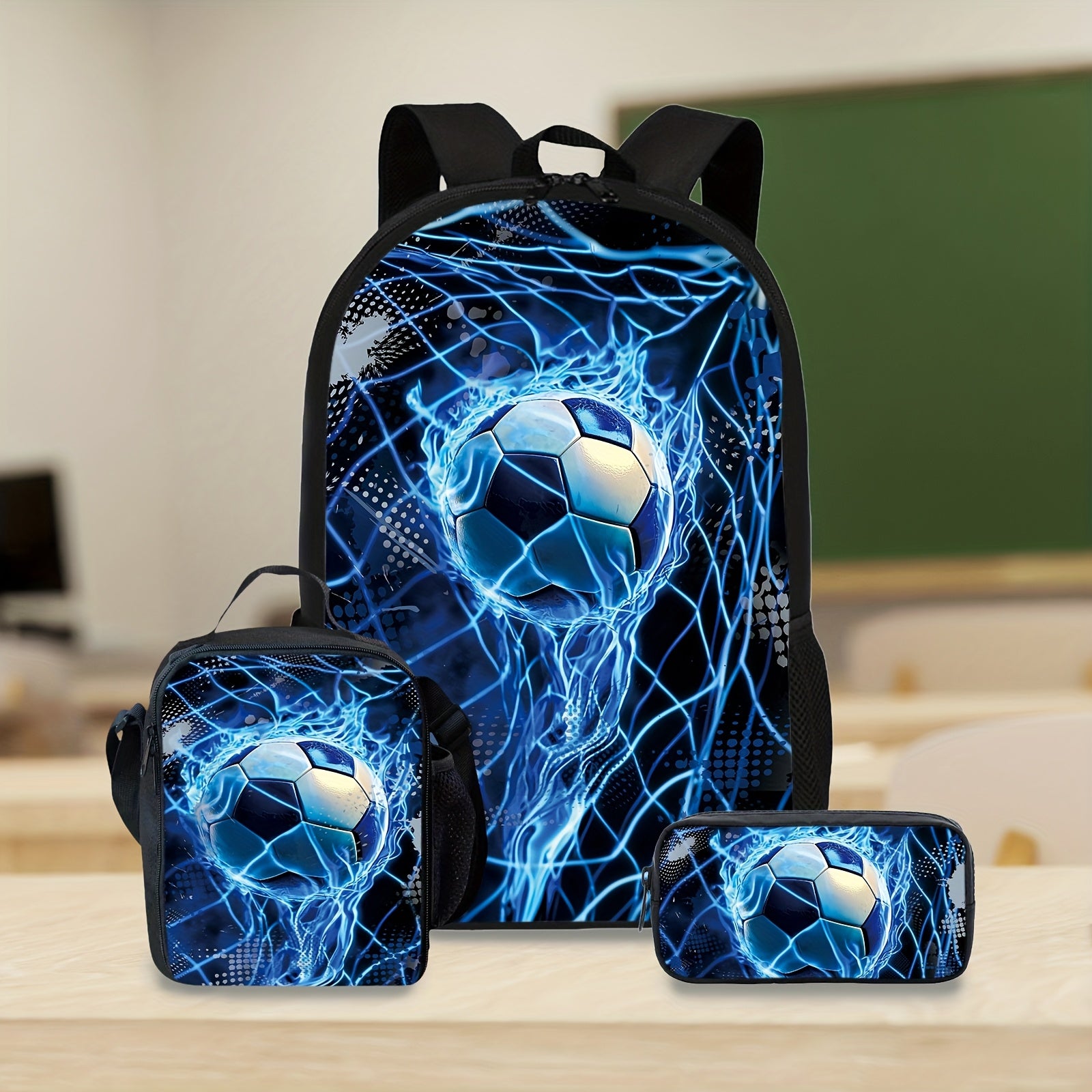 TEMU Black Football Backpack, Lunch Bag, Pencil Case 3pcs - Durable, Lightweight W- Multi-pockets. Ideal For School & Travel. Back-to-school Gifts,