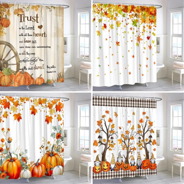 Autumn watercolor leaves pumpkins shower curtains maple Thanksgiving gifts polyester printed bathroom decorations 240828