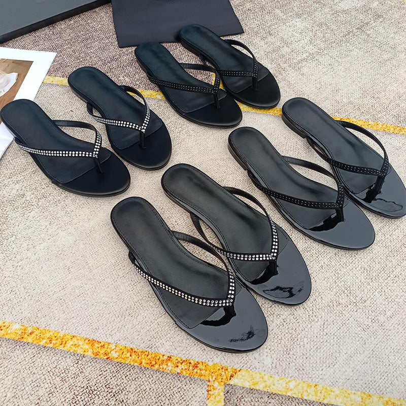 Designer slippers for women joni flat rhinestones sandals patent leather flip flops summer sliders beach sandal luxury womens slides outdoor casual