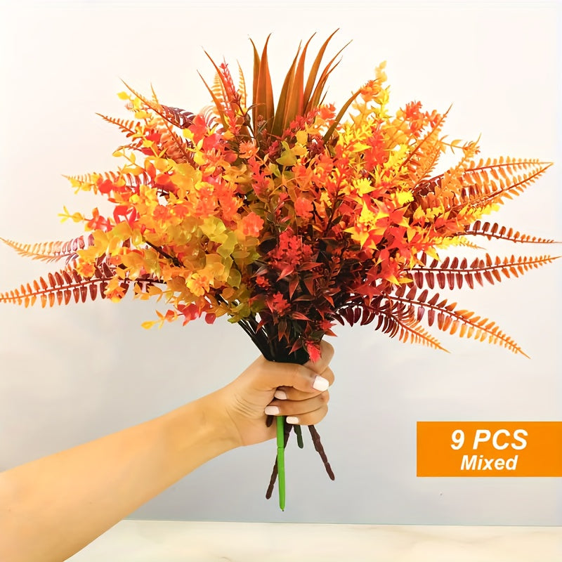 TEMU 9 Bunches Of Artificial Autumn Flowers With Uv Protection, Artificial Orange Autumn Plants For Outdoor Thanksgiving Decoration, Plastic Window