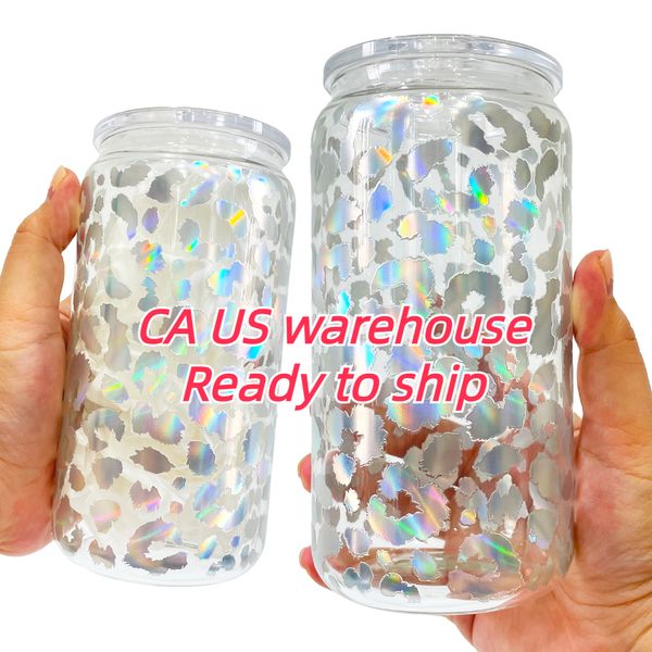 Elegant Shaped Drinking Glasses Borosilicate cold drink 16oz Leopard cheetah print soda can glass with clear plastic pp lids