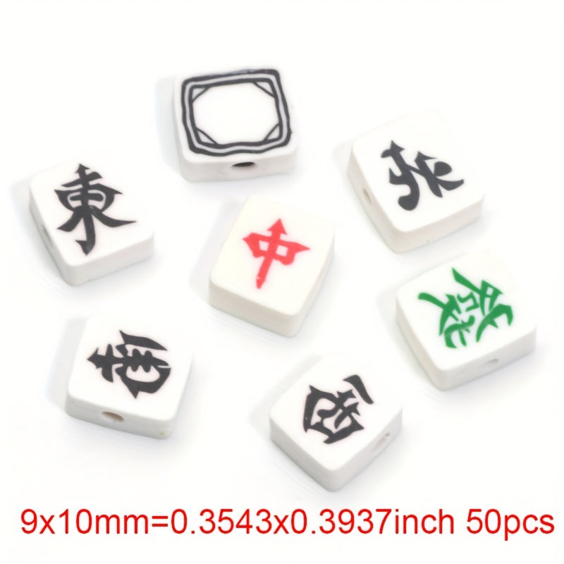 TEMU 50pcs, 9*10mm, Chinese Style Mahjong Design Beads, Flat Rectangular Polymer Clay Beads, Assorted Varieties, For Materials