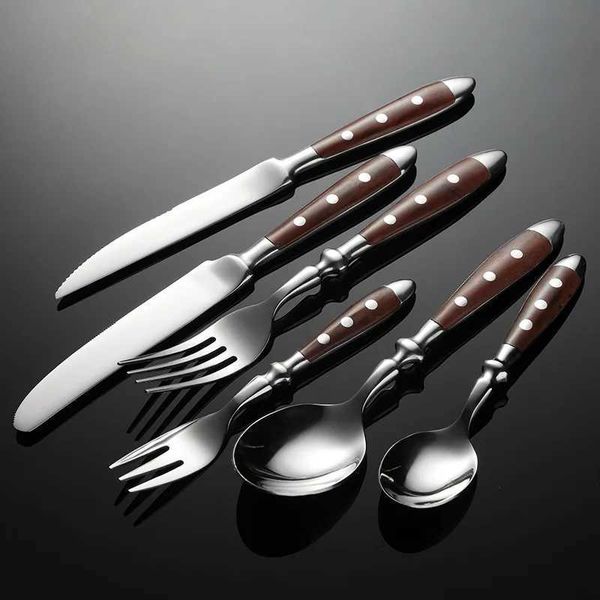 Western Brown 430 Stainless Steel Cutlery Set Rivet Wooden Handle Steak Knife Dining Fork Spoon Dinnerware Set Kitchen Utensils X2502101