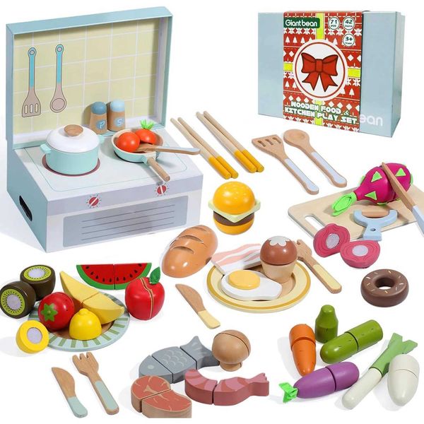 Wooden Play Food Set Play Kitchen Accessories 78PCS Pretend PlayCooking Toy Vegetables Fruits Cutting Toys Play DishesC250110