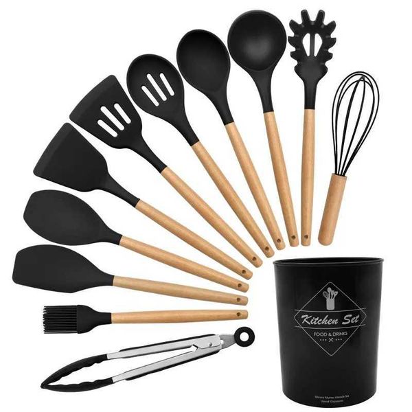 Cooking Utensils Set of 12 Silicone Kitchen Utensils With Solid Wood Handles and a Holder BucketT250118