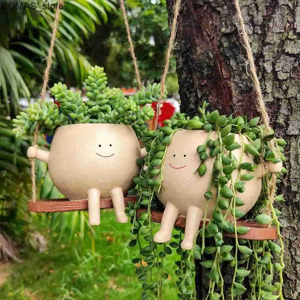 Planters Pots Plant Hanger Basket Lovely Swing Face Planter Pot Resin Smiling Face Planter Creative Wall Hanging Planter Decor Garden Suppli