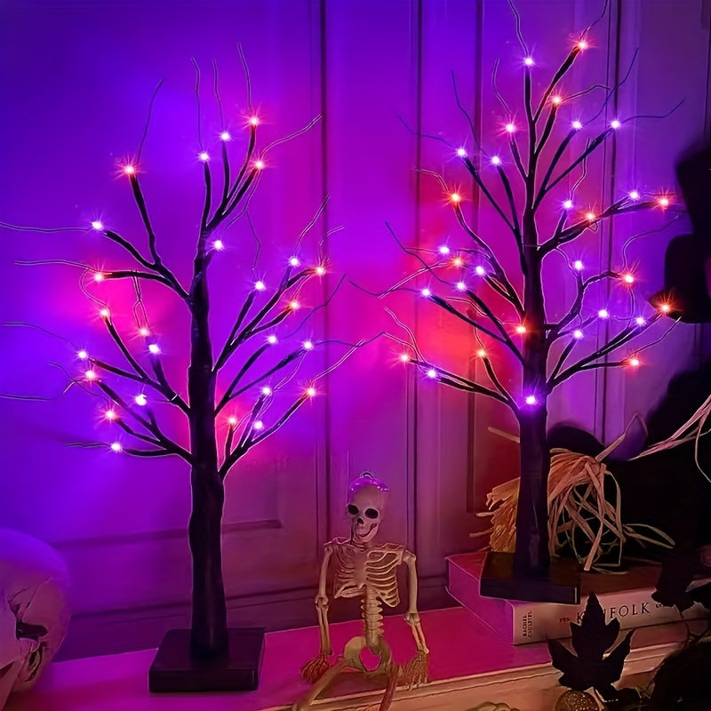 TEMU 1 Pack 24 Inch Orange &amp; Purple Lighted Halloween Tree Decor With Timer Total 48 Led Battery Operated Tabletop Artificial Black Spooky Tree