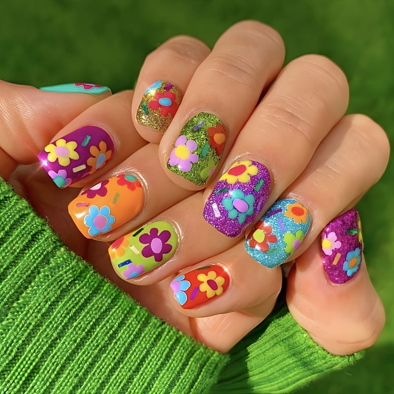 TEMU 24pcs Vibrant Floral Press-on Nails - Green & Designs With Glitter, Glossy Finish, , Reusable & Removable, Ideal For Parties & , | Vibrant Nail