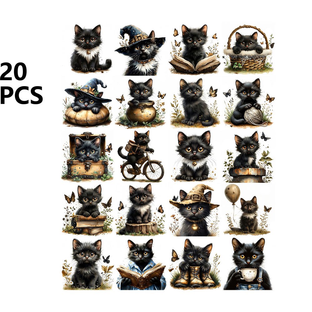 TEMU Black Theme Stickers Pack - Whimsical Cartoon Cats With Halloween Costumes, Bicycles & Butterflies - Self-adhesive For Crafts, Scrapbooking,