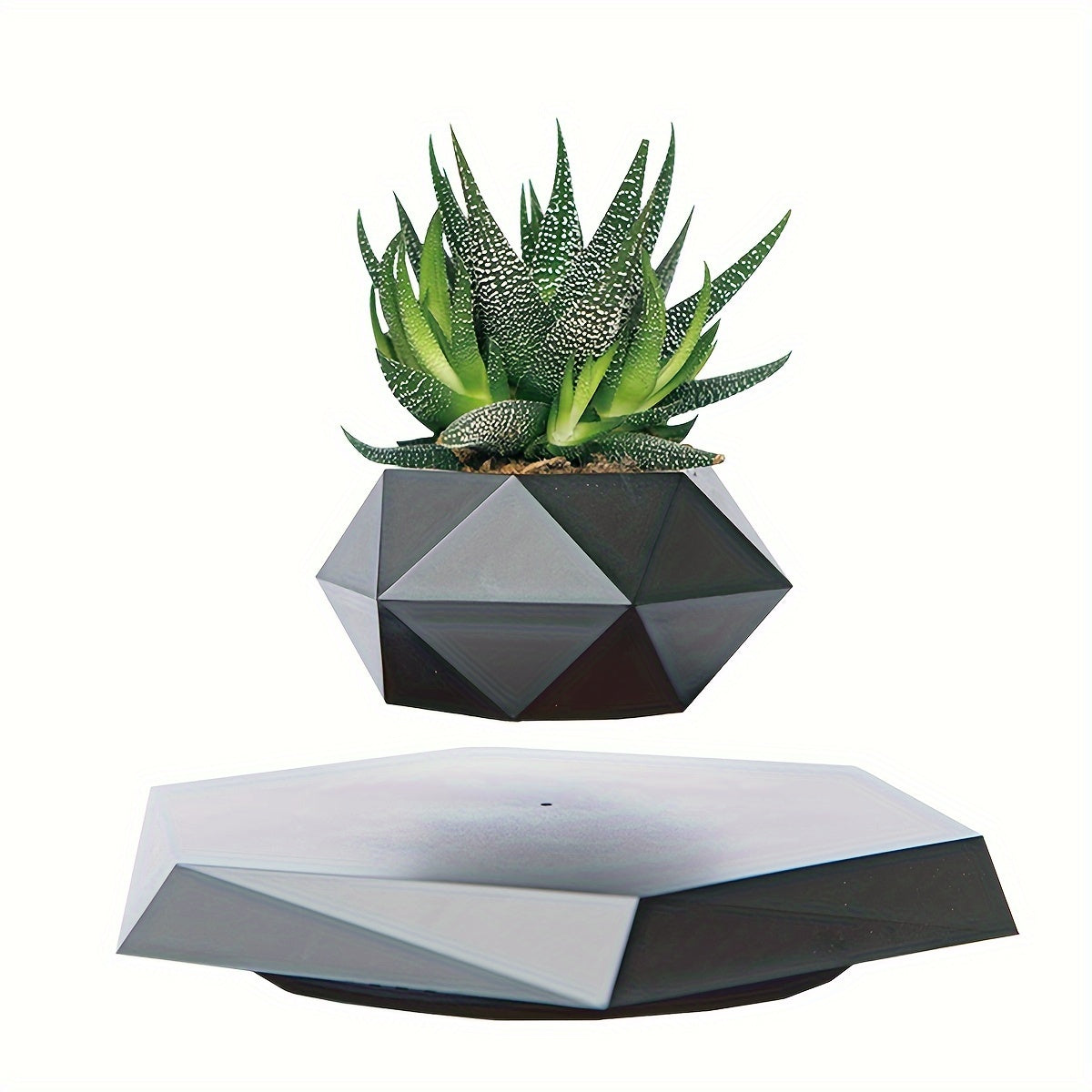 TEMU Elegant Black Geometric Magnetic Levitating Plant Pot - Rotating Floating Bonsai Planter With Airflow Design, Hexagonal Base For Indoor Air