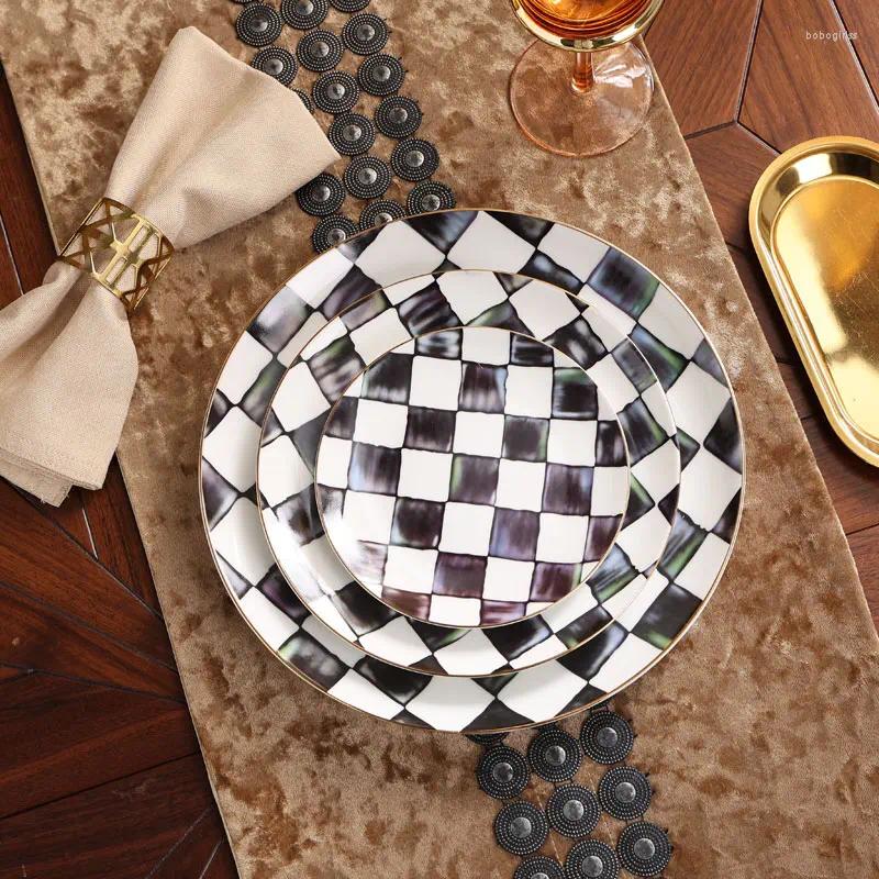 Plates 3PCS Vintage Checkerboard Bone China Set 6inch 8inch 10inch Porcelain Dinner Serving Dishes Kitchen Restaurant Dinnerware