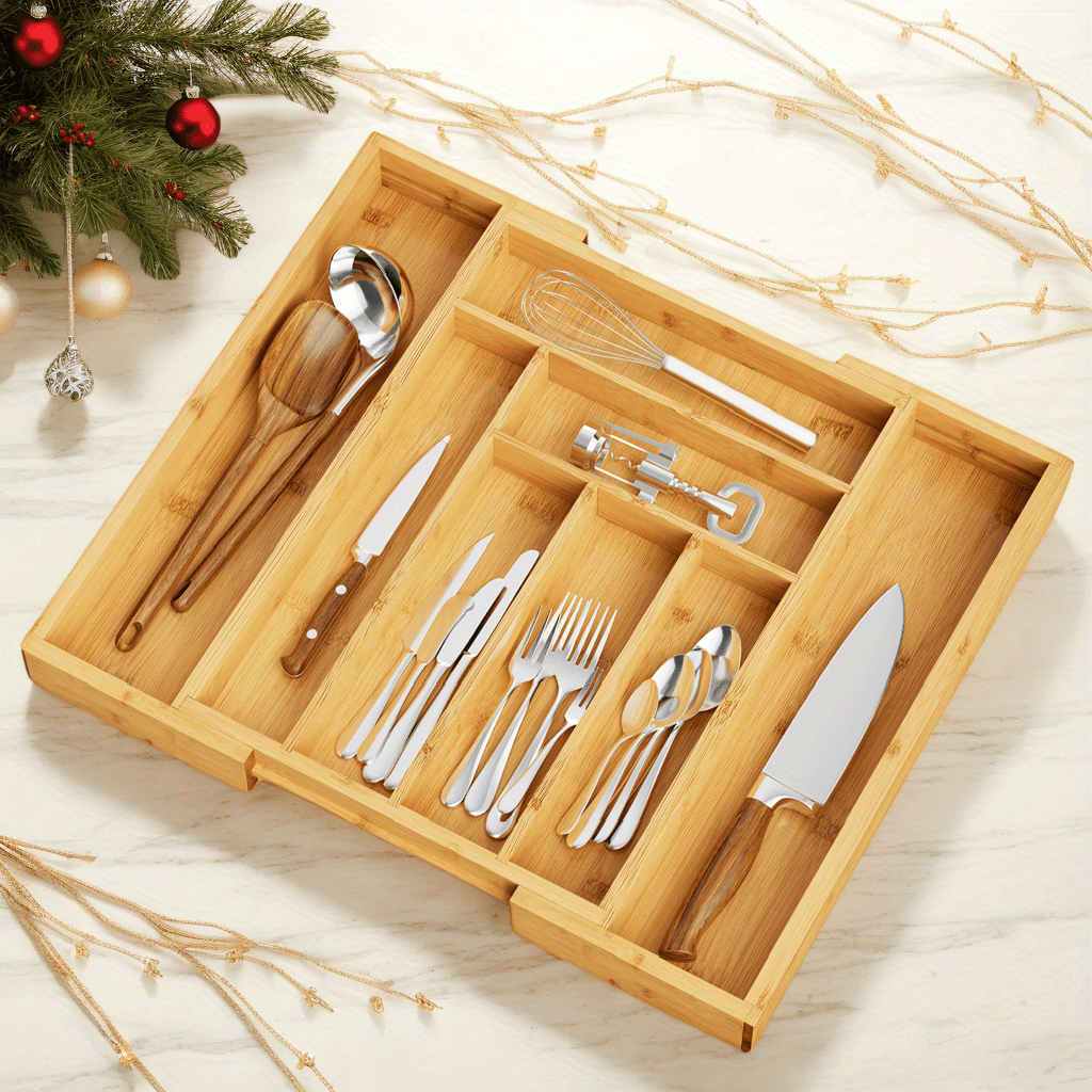 TEMU Expandable Bamboo Cutlery Tray With Adjustable Dividers - , Bedroom Or Living Room Organizer For Utensils And Silverware - Christmas Gift