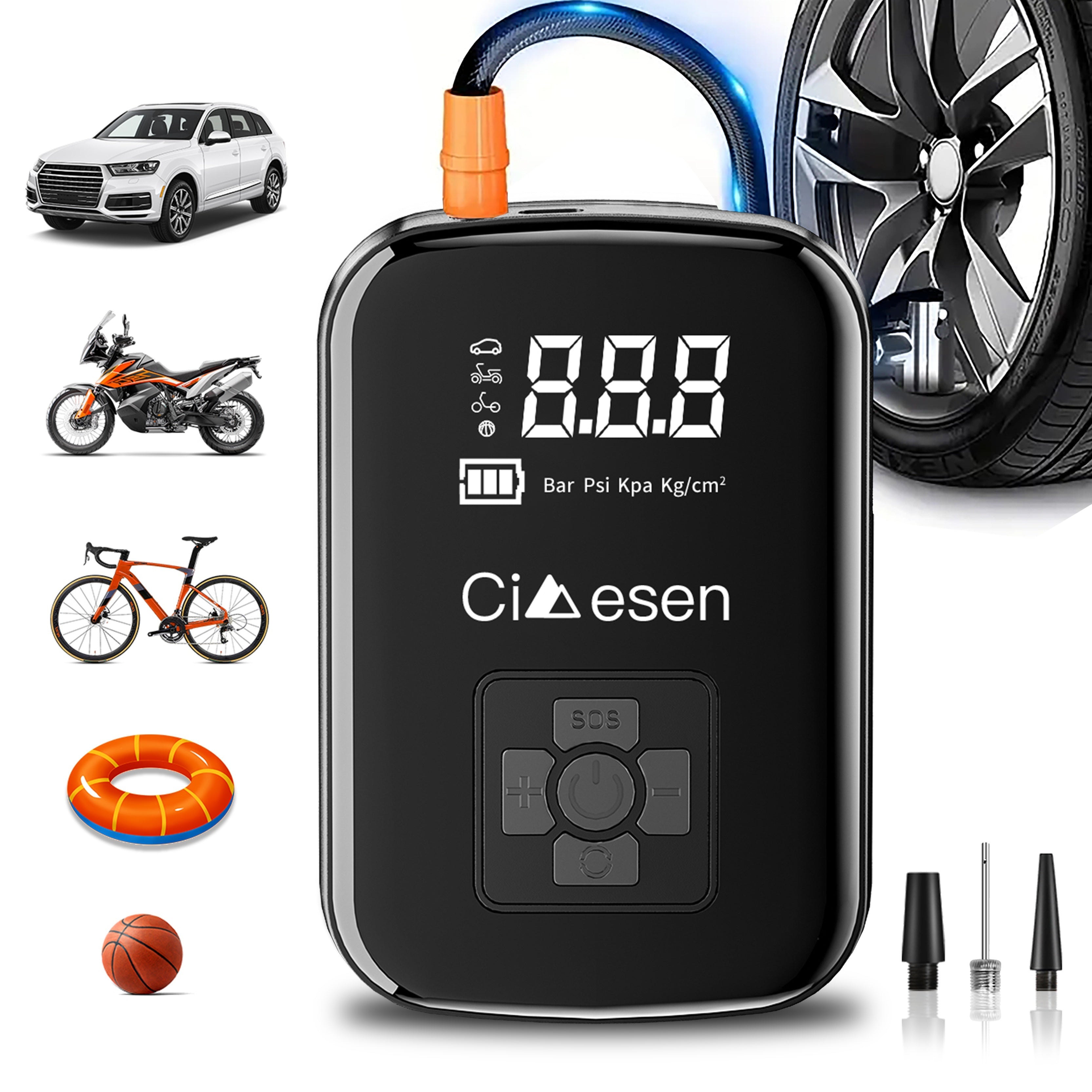TEMU 1pc Portable Tire Inflator With Digital Display - Fast Cordless Air Compressor, Usb Rechargeable, Nozzle Adapter, Long-lasting Lithium Battery