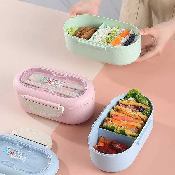 Lunch Box Microwave Leakproof Wheat Straw Office Dinnerware Food Storage Container Children Kids School Portable Bento Box Bag Y250115