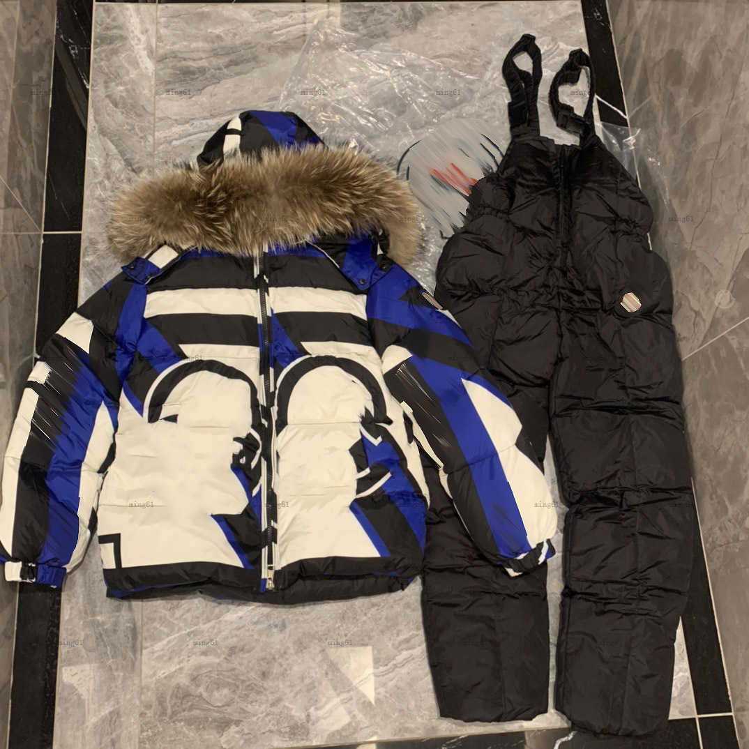 Brand designer kids Down Jackets Baby Winter clothing Size 0-12 CM 2pcs Contrast stripe design Fur hooded down jacket and suspenders